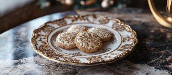 Naklejka premium Festive Christmas cookies on an elegant decorative plate with holiday decorations in the background suitable for seasonal celebrations