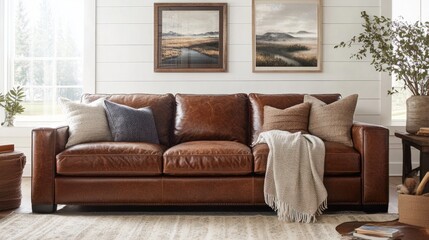 Modern living space showcasing a brown leather sofa against a white shiplap wall, styled with a cozy throw and rustic decor.