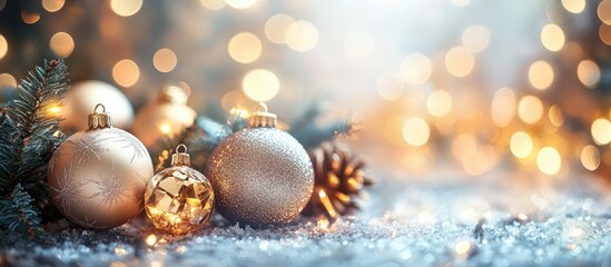 Festive Christmas and New Year decor with golden ornaments and a dreamy bokeh background creating a warm holiday atmosphere