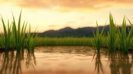 Fototapeta premium Lush green rice fields concept, A serene landscape featuring lush green grass by a tranquil body of water under a warm, colorful sunset, with distant mountains in the background.