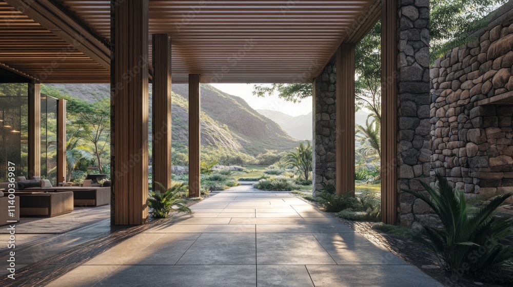 Poster modern architecture showcasing a serene outdoor view with natural elements.