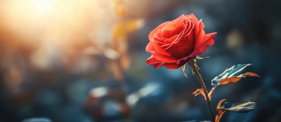 Close up of a single fresh red rose with soft background lighting highlighting its natural beauty and elegance in a serene setting.