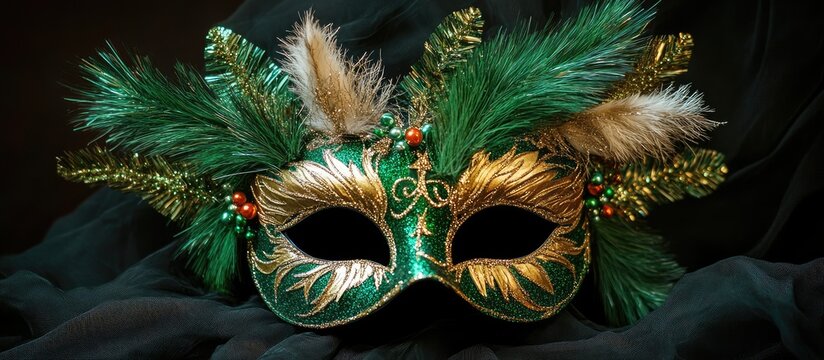Elegant Christmas masquerade mask adorned with festive green foliage and gold accents for holiday celebrations and carnival events.
