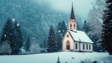 Charming winter scene of a snow-covered church nestled in a serene landscape surrounded by trees and mountains in a tranquil atmosphere.