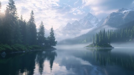 Fototapeta premium Serene Mountain Lake with Misty Reflections and Lush Greenery