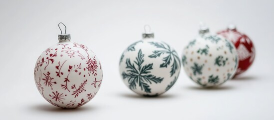 Festive collection of intricately designed Christmas ornaments in closeup showcasing vibrant colors and detailed patterns on a neutral background