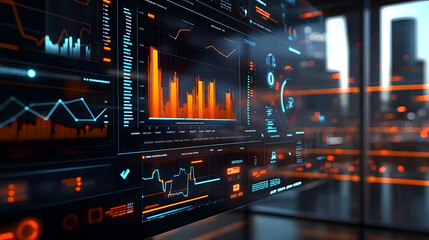 Digital Dashboard with Business Success Indicators and Growth Charts in Modern Office