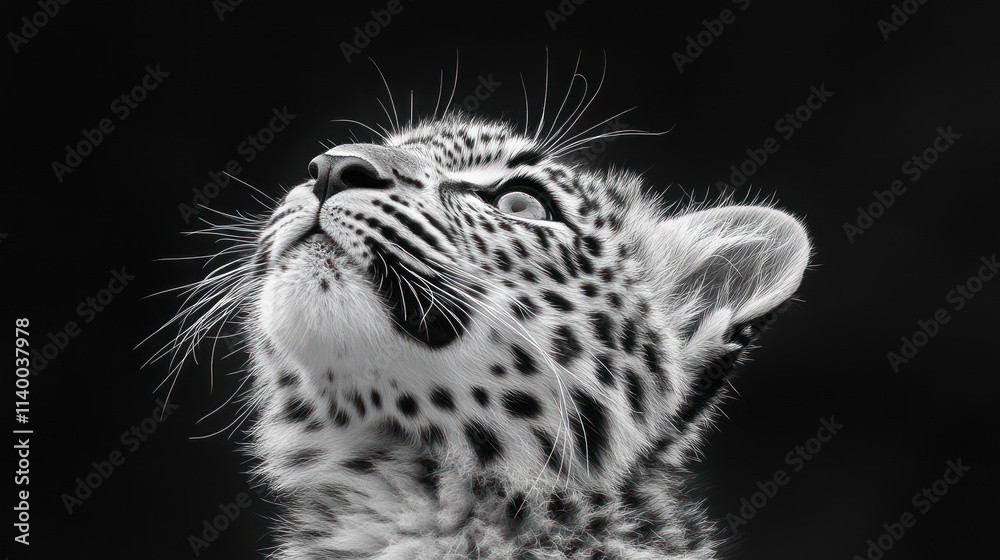 Poster a close-up of a leopard cub looking upwards in black and white.