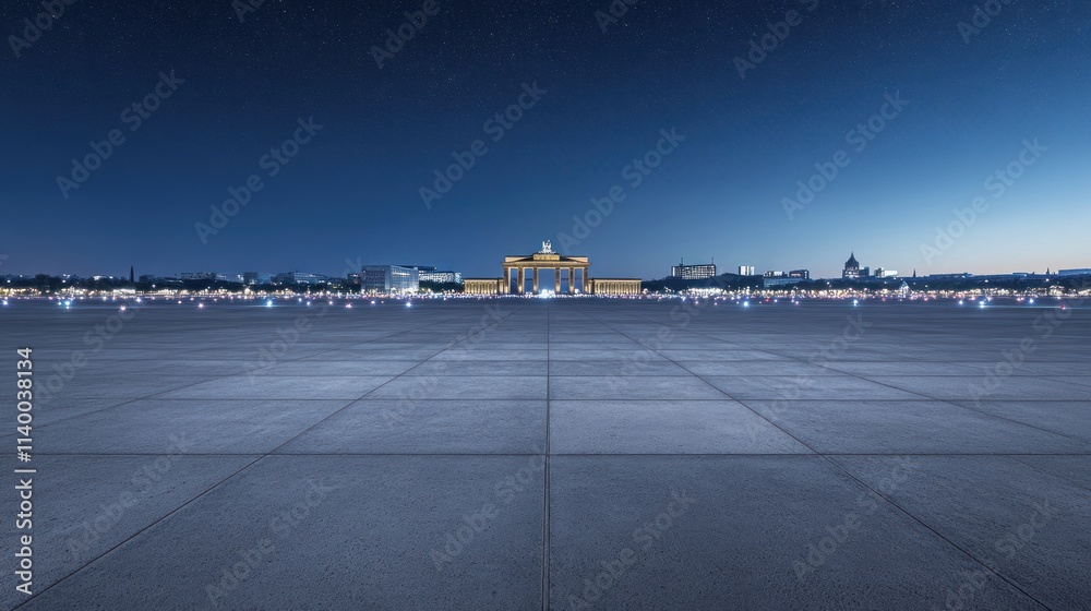 Poster a serene night view of a grand architectural structure illuminated against a dark sky.