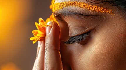 Hindu devotee applying tilak on standard during religious ceremony cultural setting close-up perspective spiritual significance