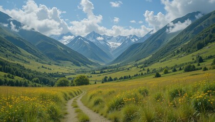 Fototapeta premium Serene Mountain Valley with Wildflowers and Winding Path