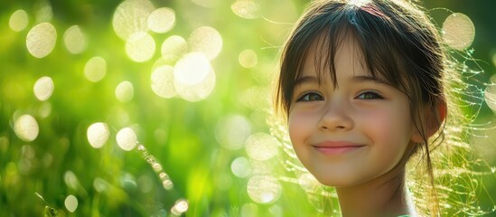 Fototapeta premium Smiling teenage girl with soft features in a vibrant green meadow background illuminated by natural light and soft bokeh effect.