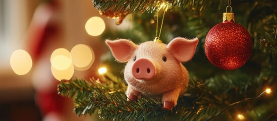 Christmas tree decorated with a golden pig ornament and red bauble among warm festive lights