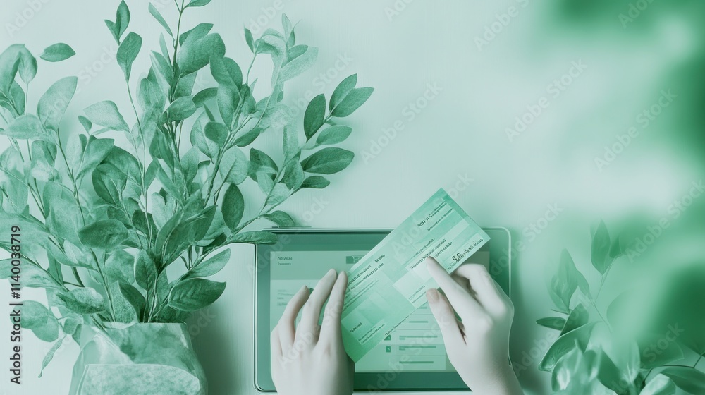 Fototapete a person handling a document while surrounded by greenery and a digital device.