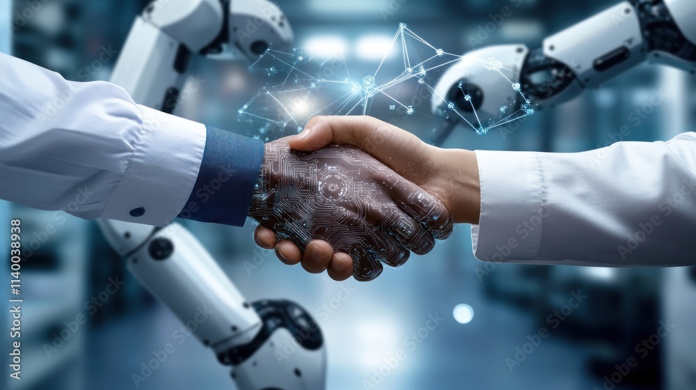 Aufkleber a human and a robot shake hands, symbolizing collaboration and innovation in technology.