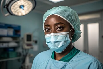 Close-up of a Black female doctor wearing teal scrubs and surgical mask, standing confidently in a hospital operating room.