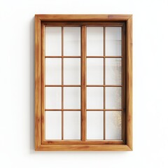 A classic wooden window with a simple rectangular frame and clear glass panes on a white background 