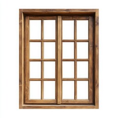 Obraz premium A classic wooden window with a simple rectangular frame and clear glass panes on a white background 