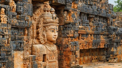 Fototapeta premium Intricate carving of a hindu deity on an ancient temple standard india sculpture historical site close-up perspective religious artistry