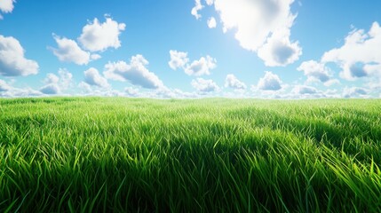 Fototapeta premium Lush Green Grass with Blue Sky and Fluffy Clouds in Daylight