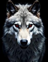 Fototapeta premium Intense Gaze of the Gray Wolf Red Eyes in the Dark Night