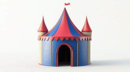 Fototapeta premium A whimsical blue and red circus tent stands tall with playful peaks and a flag. Perfect for events or creative projects. Capture the spirit of fun. Generative AI