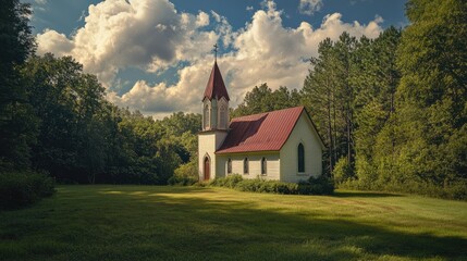 Fototapeta premium Charming rural church surrounded by lush greenery and tall trees under a dramatic sky with fluffy clouds in a serene landscape