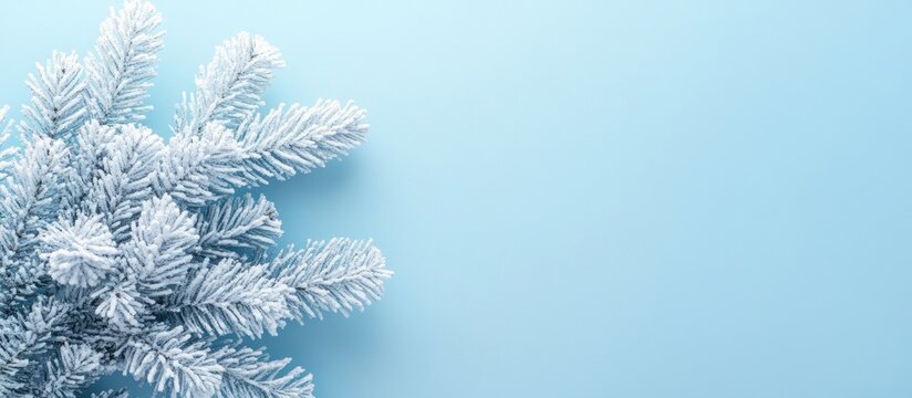 Christmas flat lay with white fir tree branches on pastel blue background decorated with snow for holiday themed designs