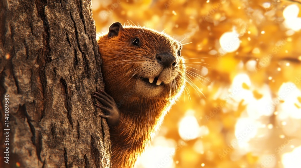 Poster a cheerful beaver peeks from behind a tree, surrounded by autumn foliage.