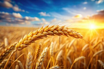Sun-drenched wheat fields, heavy with golden grain, depict the essence of harvest time and farming's abundance.