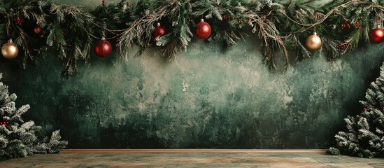 Festive Christmas backdrop with ornaments garland and frosted trees creating a cozy holiday atmosphere for photography and celebrations.