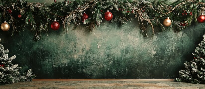 Festive Christmas backdrop with ornaments garland and frosted trees creating a cozy holiday atmosphere for photography and celebrations.