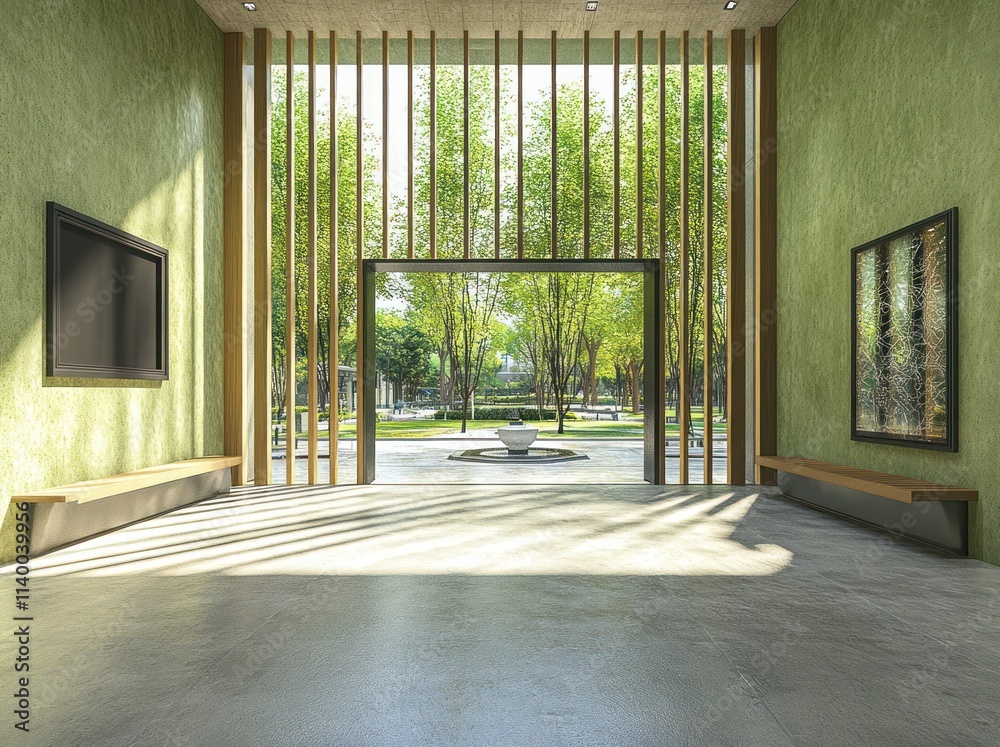 Poster a modern, green-themed interior space with large windows and views of trees outside.