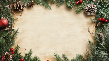 Vintage Christmas scroll surrounded by festive pine branches, pine cones, and red berries on a textured background for holiday design themes.