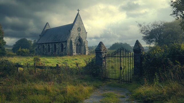 Abandoned church with gothic architecture and wrought iron gate under a moody sky surrounded by overgrown grass and trees