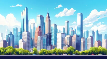 Fototapeta premium Sunny cityscape panorama with skyscrapers and green park.