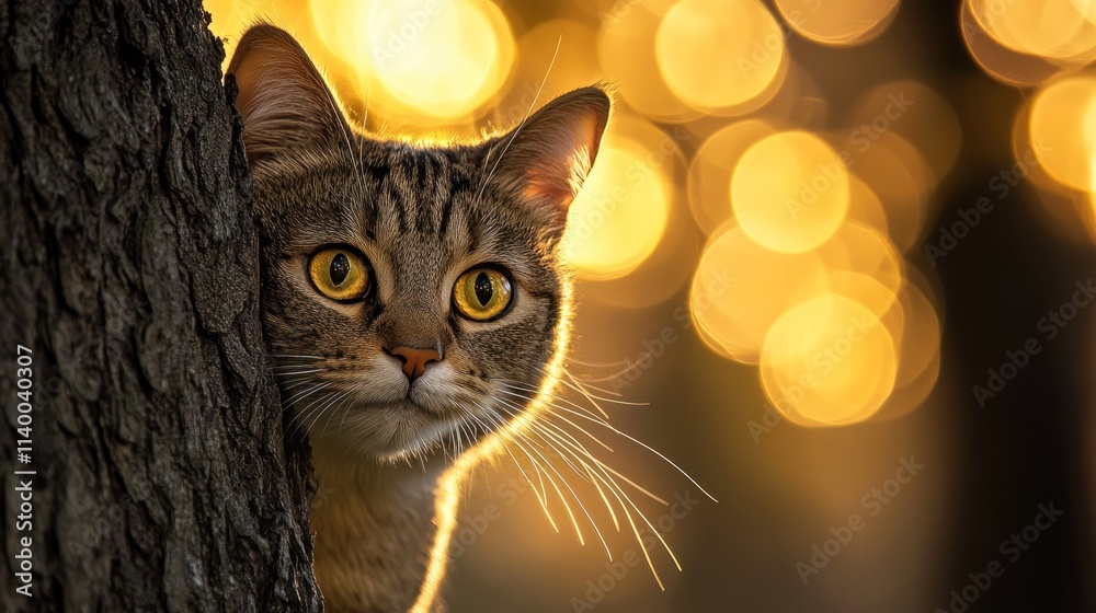 Poster a curious cat peeks around a tree with a blurred golden background.