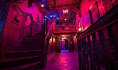 Crimson-lit mansion hallway, grand staircase,  mysterious ambiance.