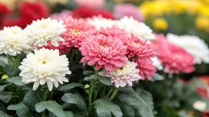 Vibrant Chrysanthemum Flowers in Bloom Showcasing a Colorful Garden Display with Various Shades of Pink White and Red Blossoms