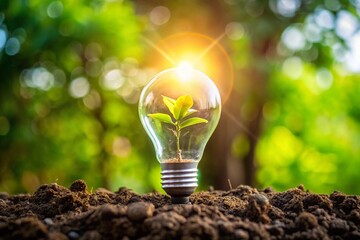 Light bulb with a green tree growing, isolated background.