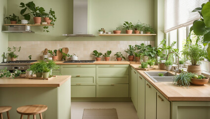 Fototapeta premium A light sage green kitchen with wooden countertops and shelves. Many plants are displayed.