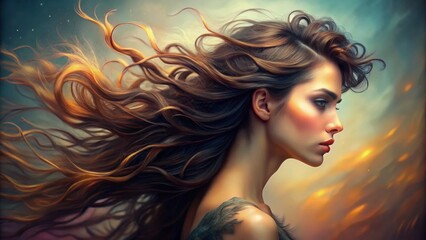 Profile Portrait of Beautiful Brunette Woman with Long Curly Hair Banner. AI generative. Hair Flying in the Wind. Copy Space.
