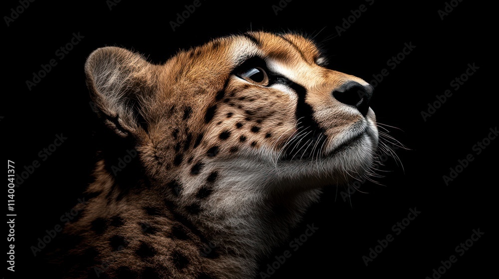 Aufkleber a close-up of a cheetah's face looking upwards against a dark background.