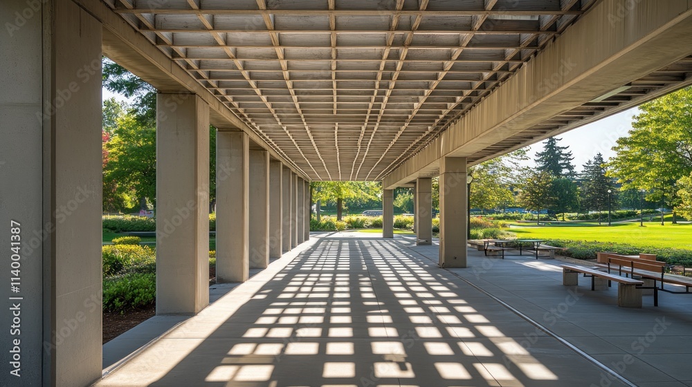 Aufkleber a serene walkway under a structured canopy, showcasing shadows and greenery.