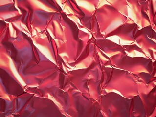 Crumpled red foil texture with shiny surface reflecting light.