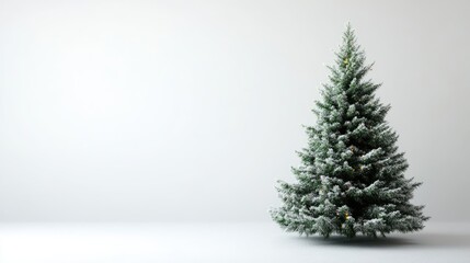 Fototapeta premium Elegant snow-covered Christmas tree against a minimalistic white background creating a serene holiday atmosphere for festive decoration.