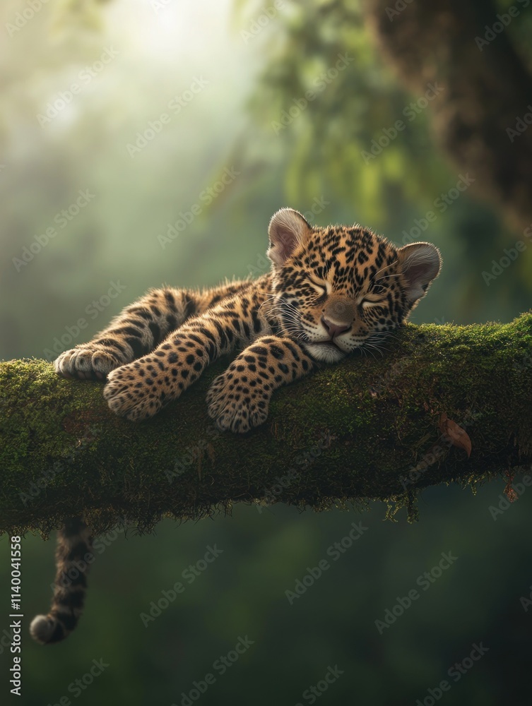 Poster a playful leopard cub resting on a mossy branch in a lush forest.