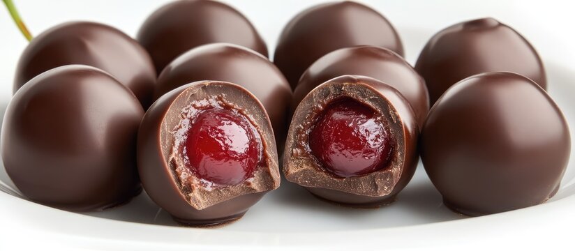 Chocolate covered cherries showcasing rich creamy filling and glossy chocolate exterior on a white plate