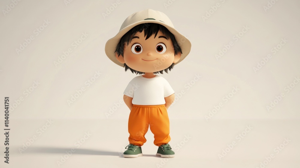 Poster a cheerful animated character with a hat, casual outfit, and a friendly expression.