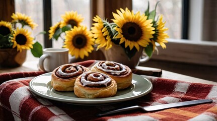 Cozy fall breakfast with delightfully warm cinnamon rolls and cheerful sunflowers in a rustic kitchen setting
